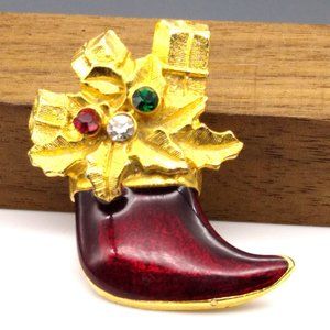 Elegant Christmas Stocking Brooch, Vintage Enamel with Gold Tone Gifts and Red